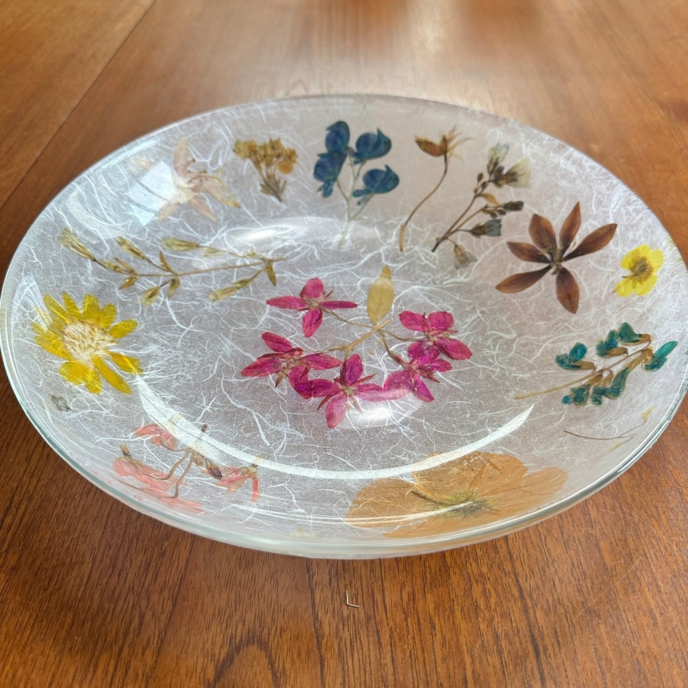 Pressed Real Wildflower Botanical Glass Bowl Rice Paper Texture Art Cottagecore